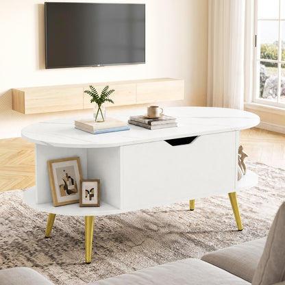 Faux Marble Lift Top Coffee Table with Hidden Compartment and Shelves, White Coffee Tables at Gallery Canada