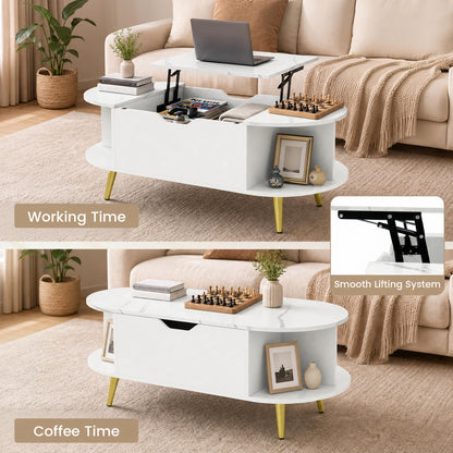 Faux Marble Lift Top Coffee Table with Hidden Compartment and Shelves, White Coffee Tables at Gallery Canada