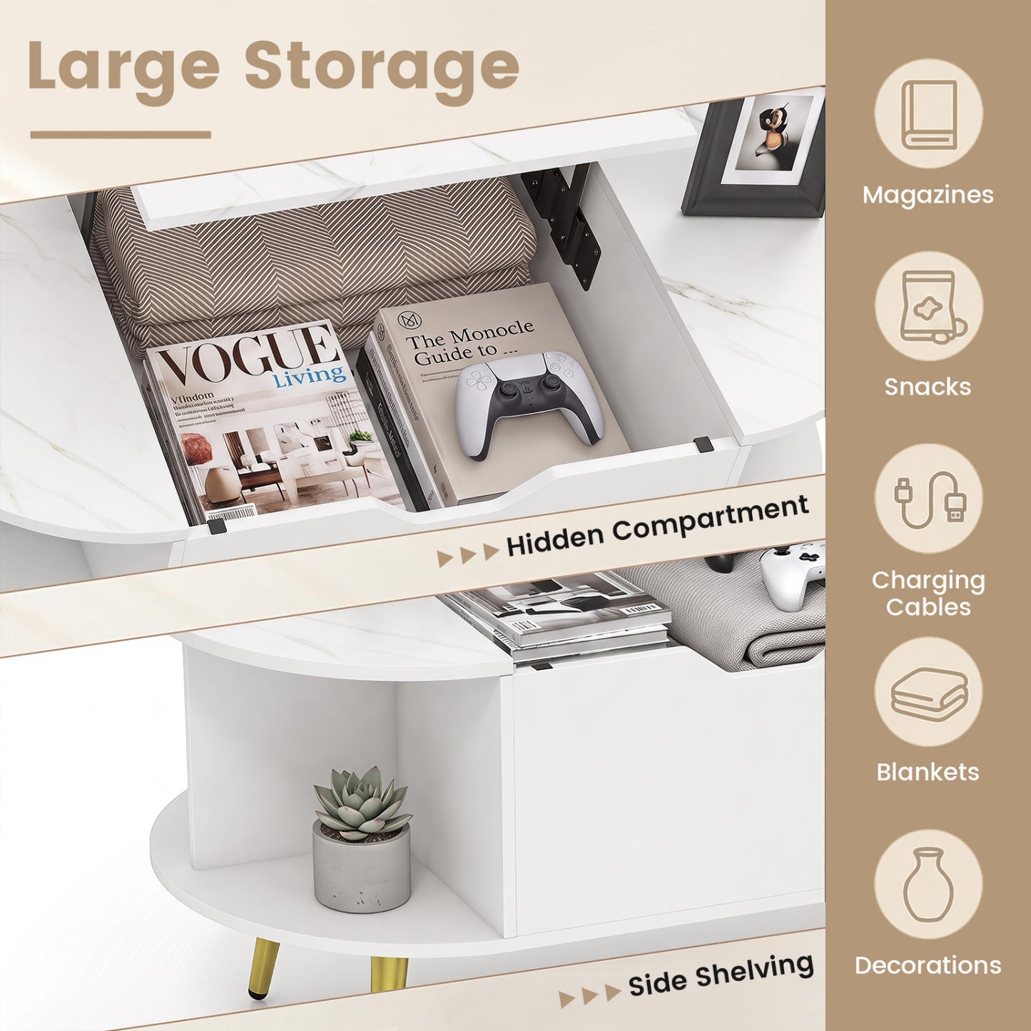 Faux Marble Lift Top Coffee Table with Hidden Compartment and Shelves, White Coffee Tables at Gallery Canada