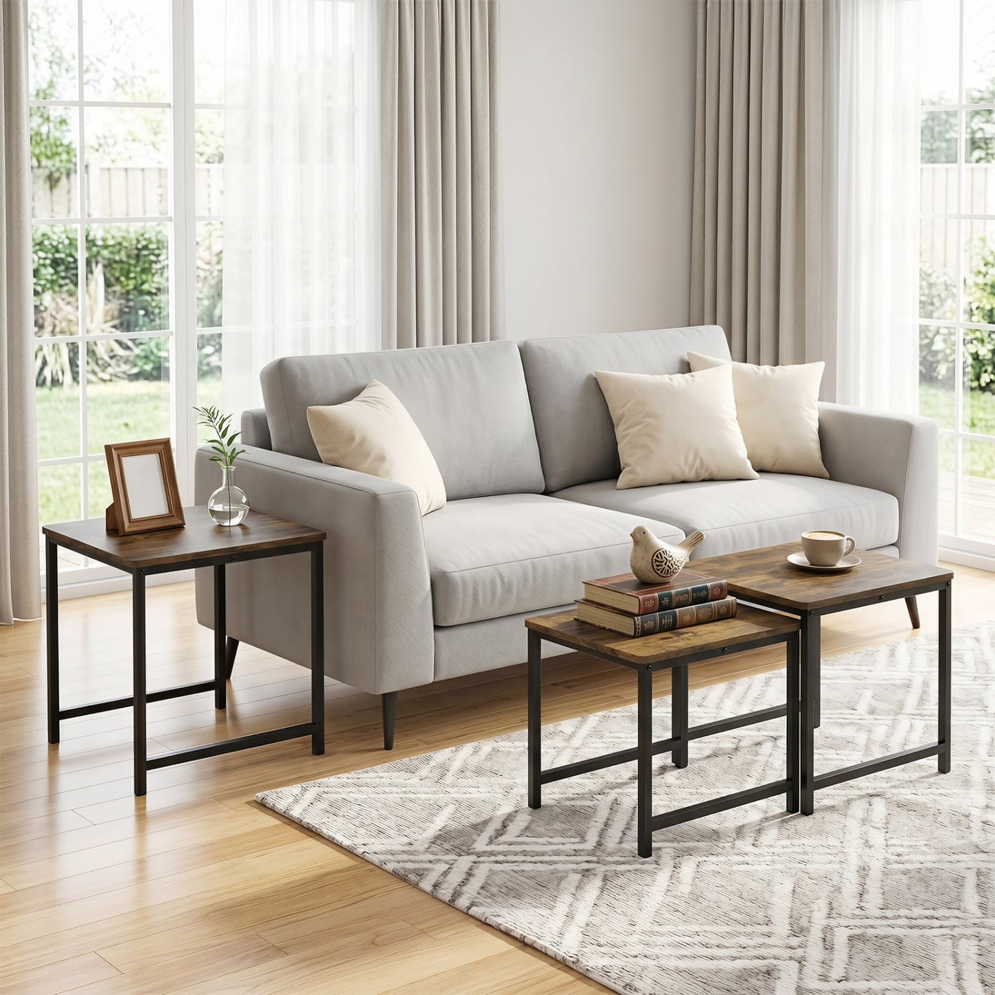 Faux Marble Nesting Tables Set of 3, Rustic Brown