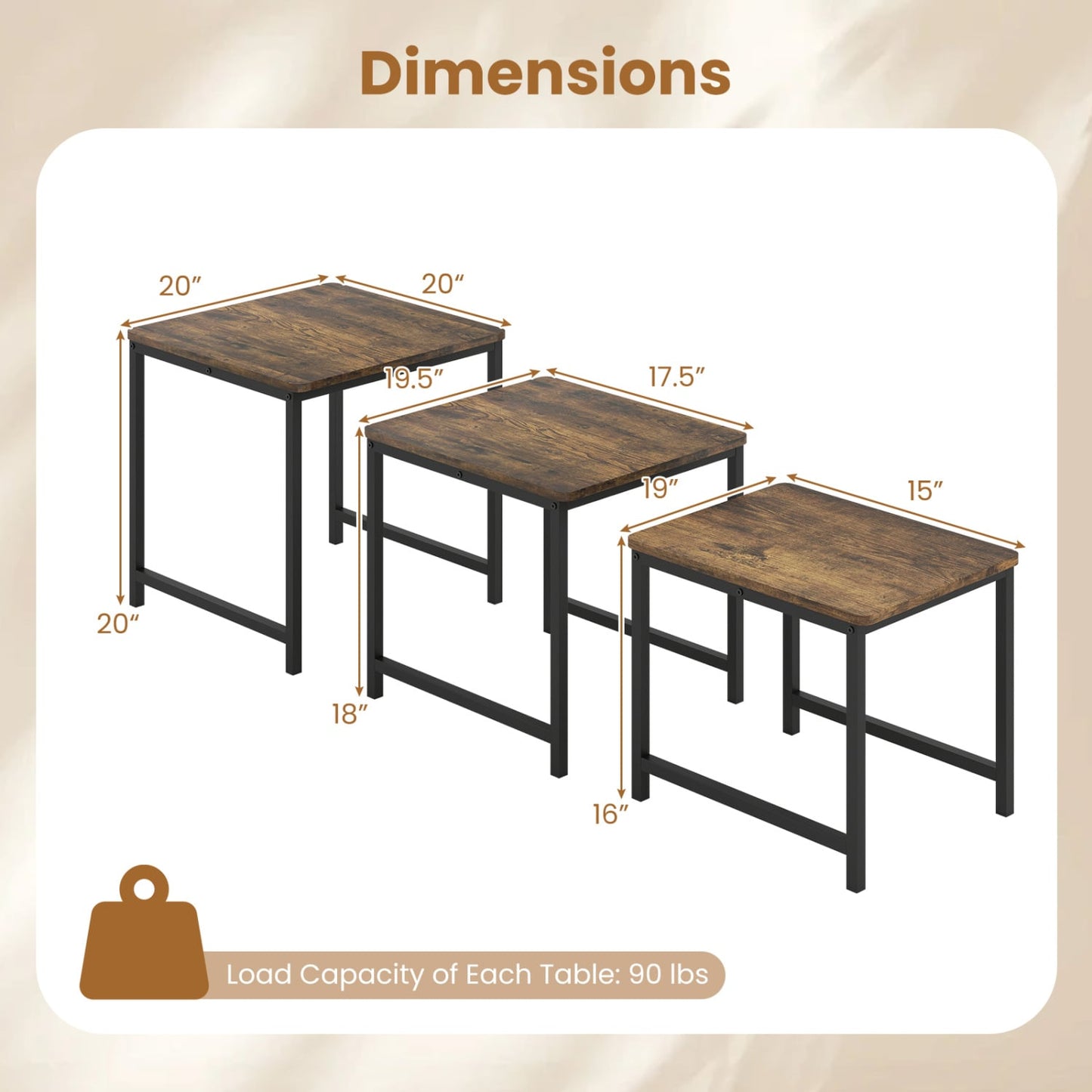 Faux Marble Nesting Tables Set of 3, Rustic Brown