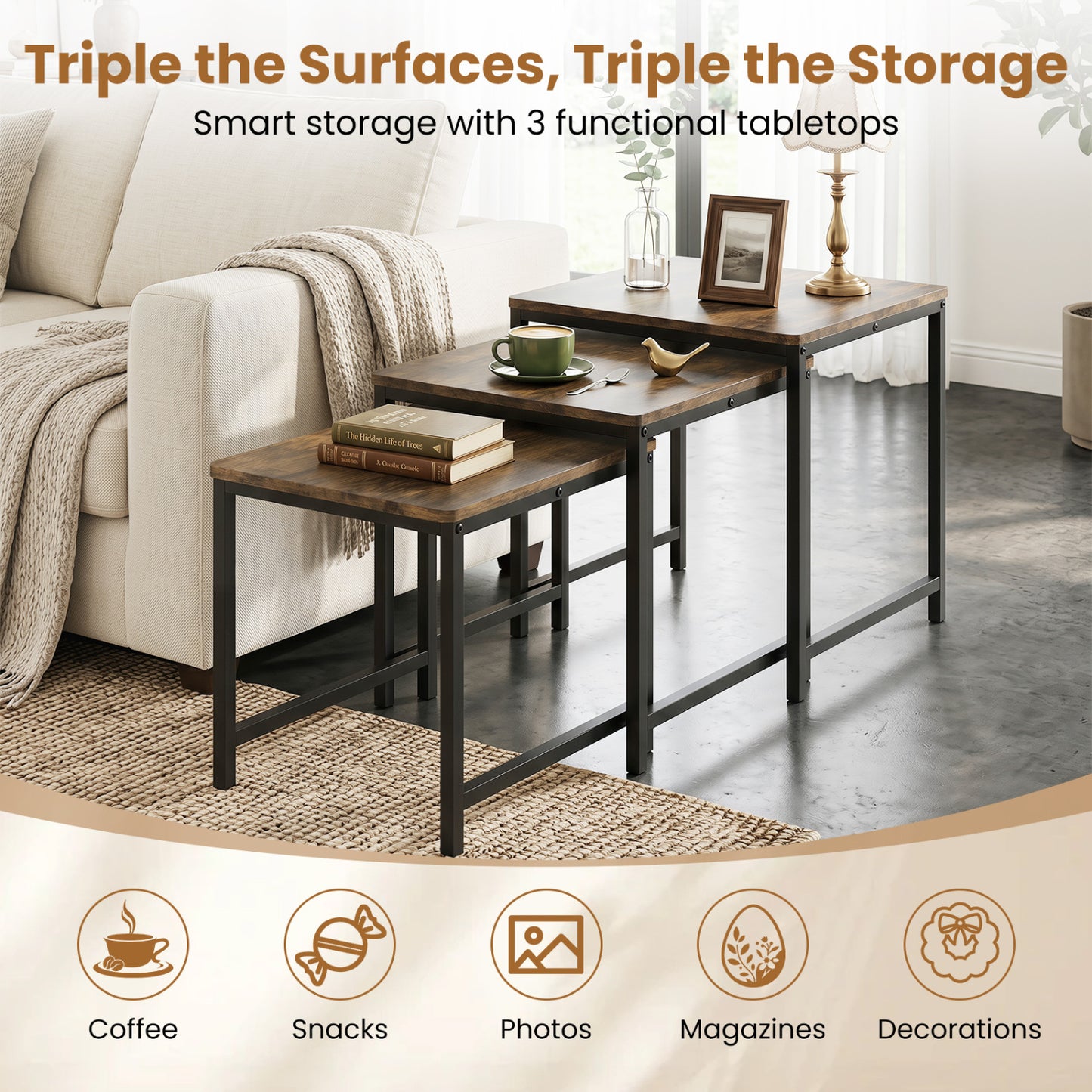 Faux Marble Nesting Tables Set of 3, Rustic Brown
