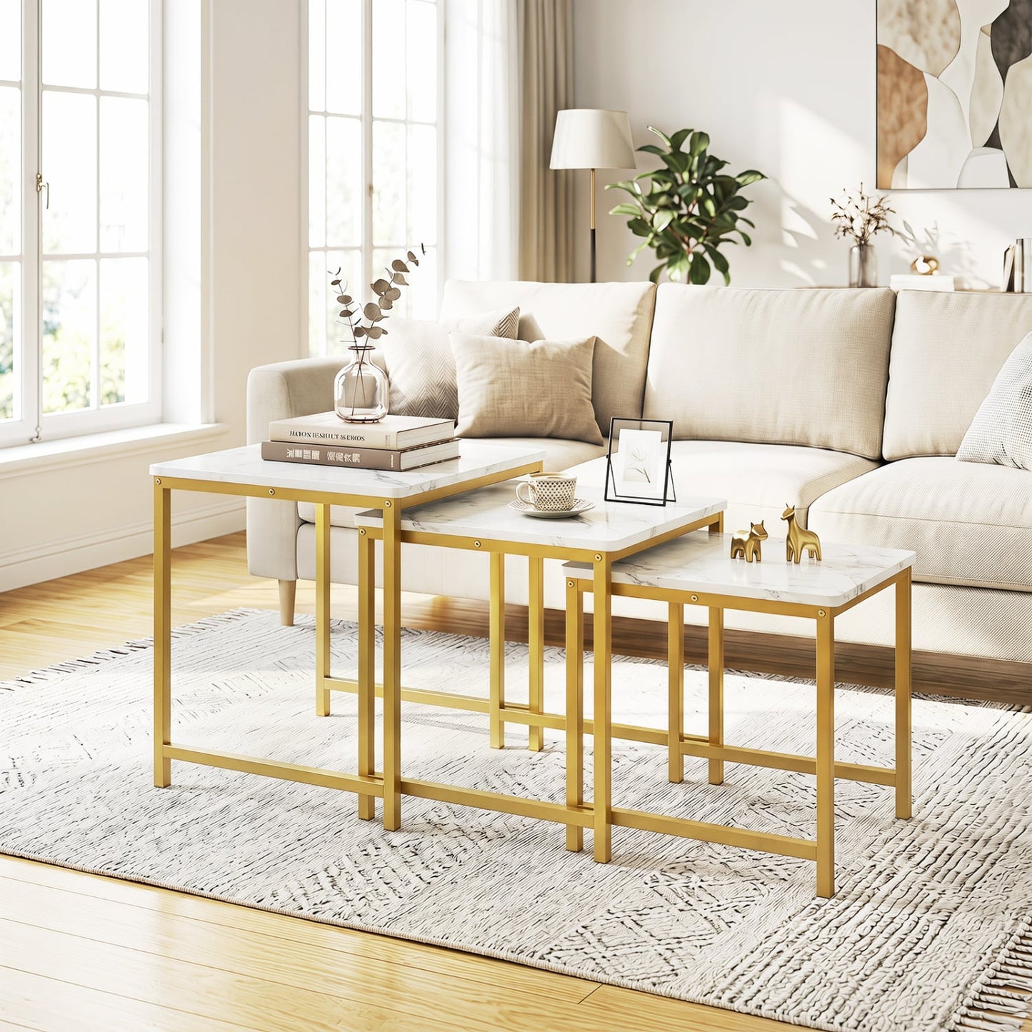 Faux Marble Nesting Table Set of 3, White