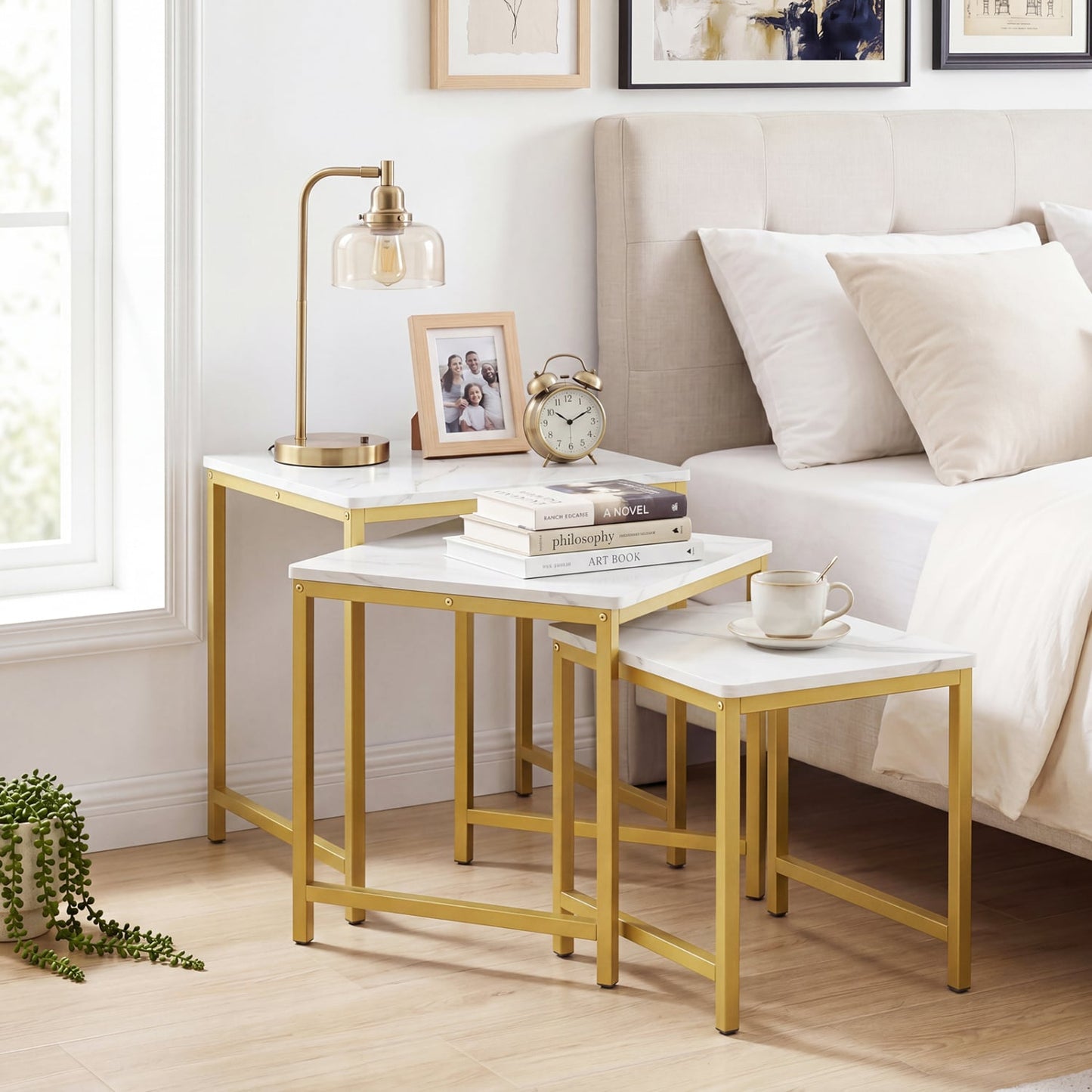 Faux Marble Nesting Table Set of 3, White