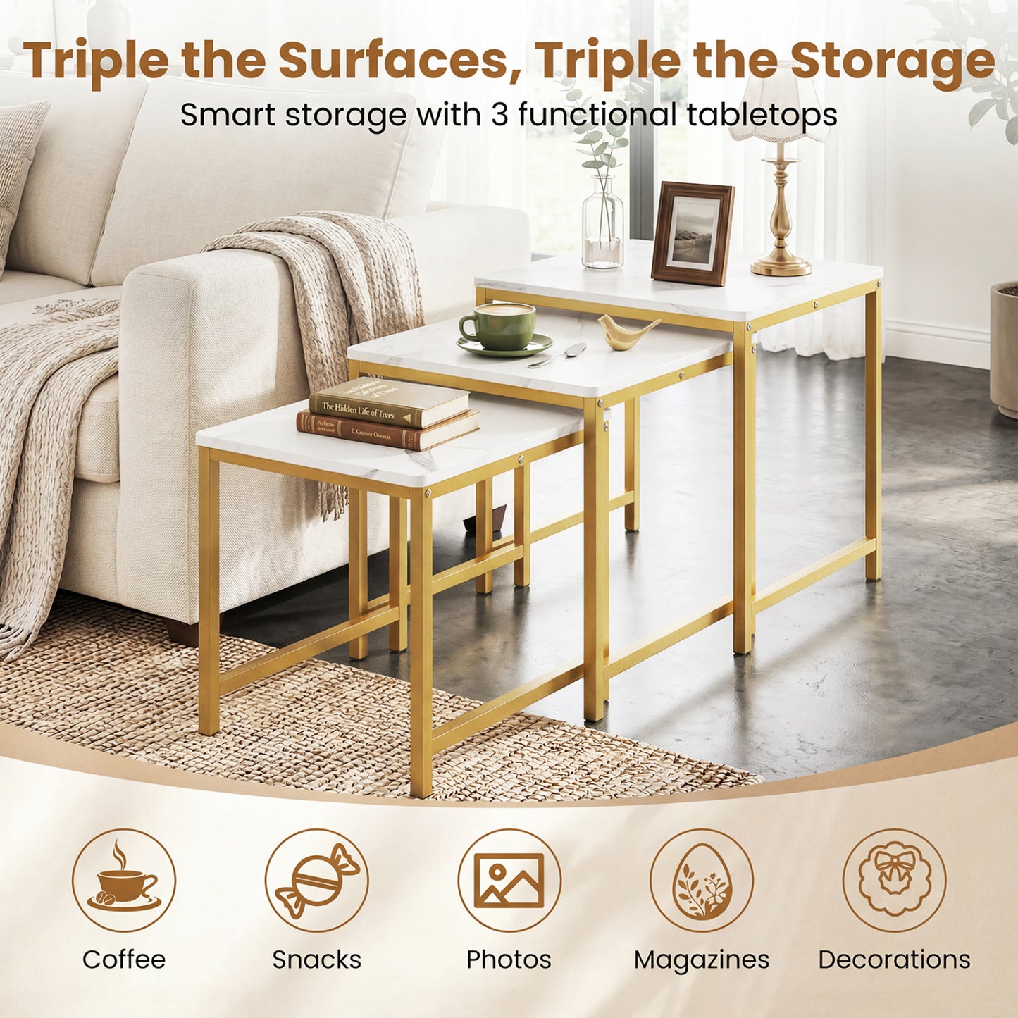 Faux Marble Nesting Table Set of 3, White