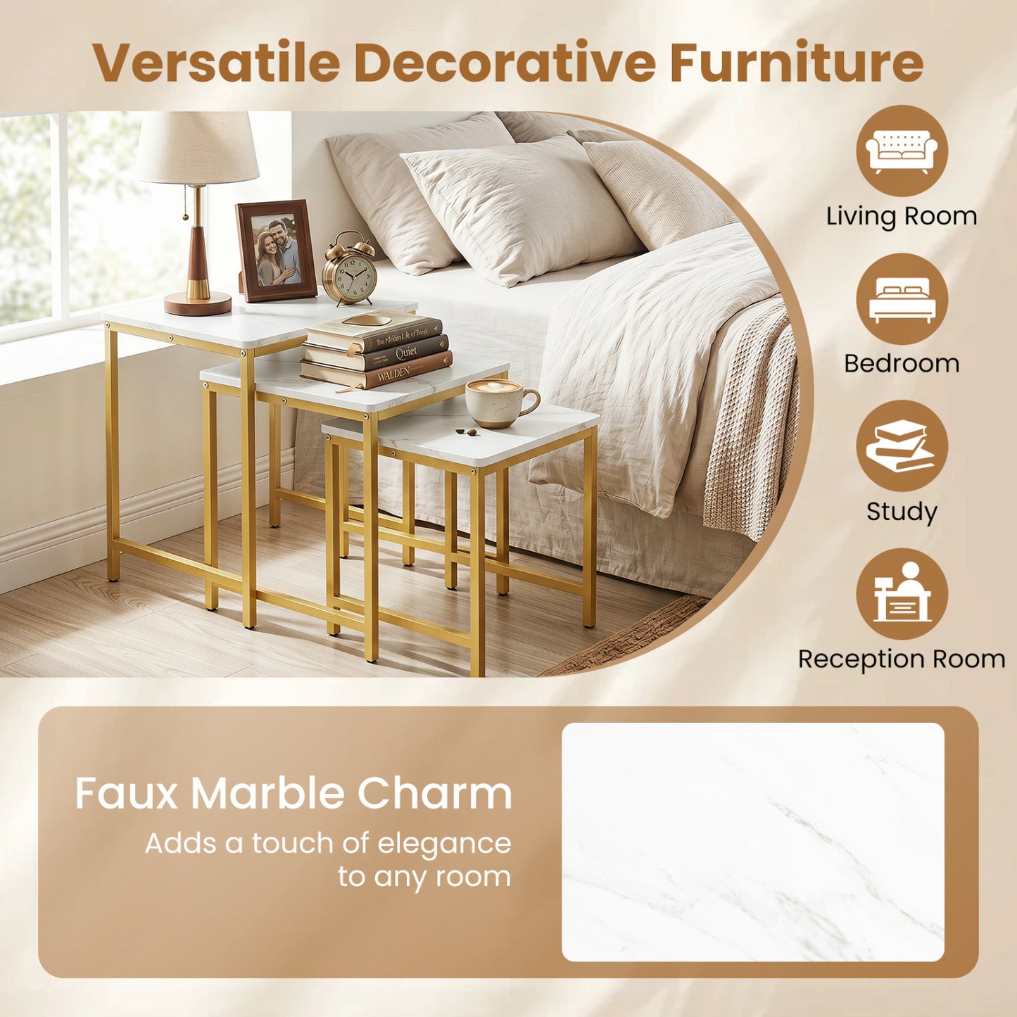 Faux Marble Nesting Table Set of 3, White