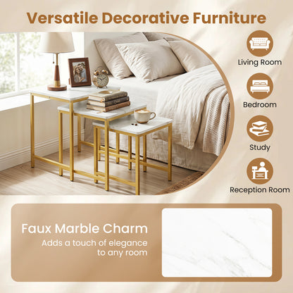Faux Marble Nesting Table Set of 3, White