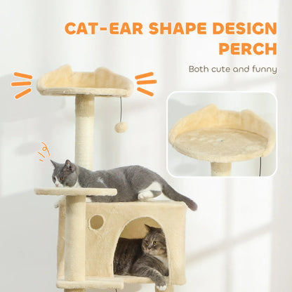 63 Inch Cat Tree, Sisal Scratching Posts, Condos, Perches, Hammock, Ladder, Beige