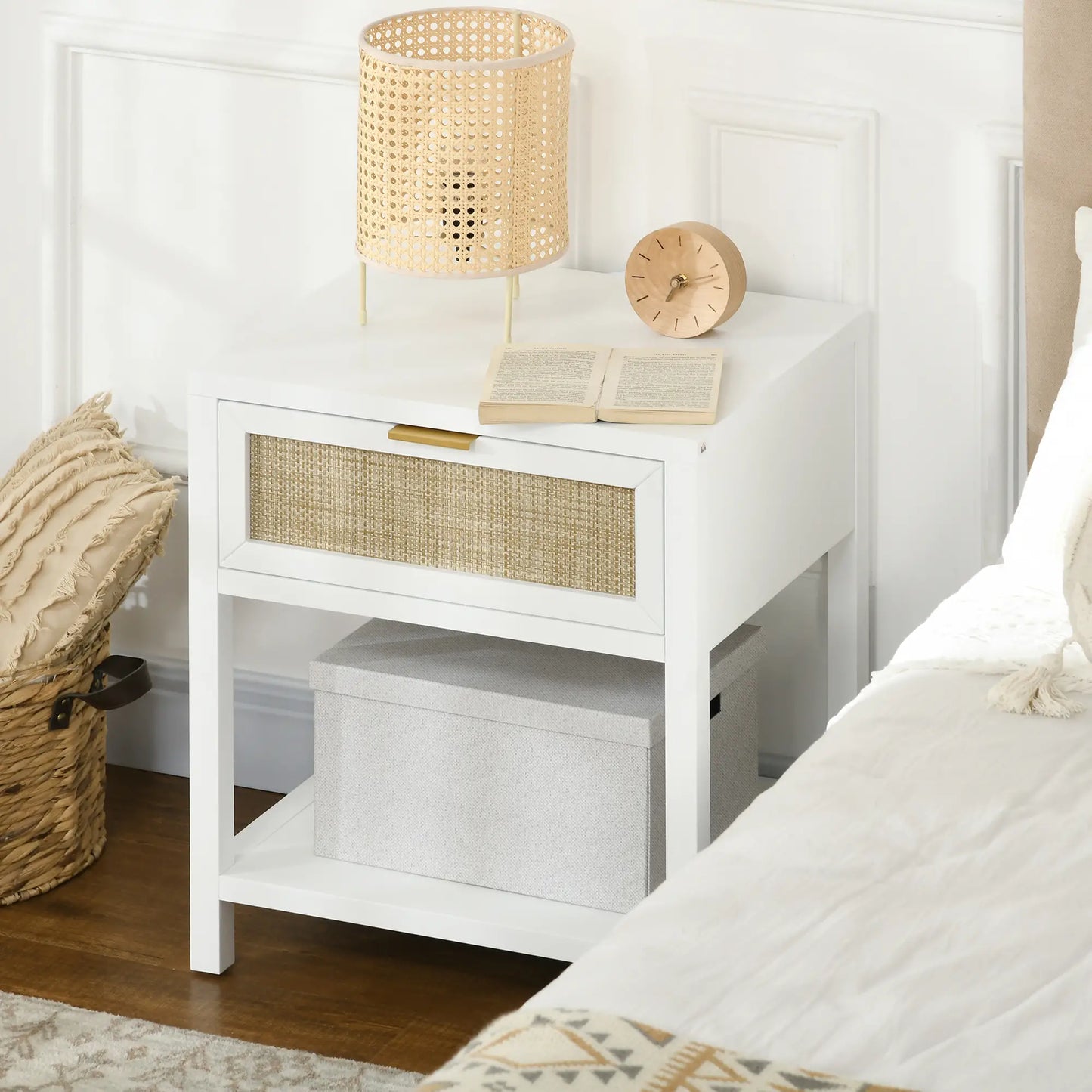 Boho Nightstand, Bedside Table with Rattan Drawer, Open Shelf Bedside Tables at Gallery Canada