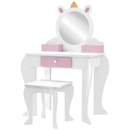 Kids Makeup Vanity Set with Stool, Mirror, Drawer, Unicorn Design, White Toy Vanity Pink and White at Gallery Canada