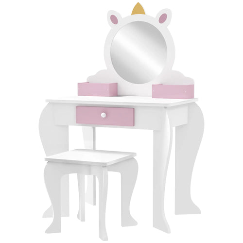 Kids Makeup Vanity Set with Stool, Mirror, Drawer, Unicorn Design, White