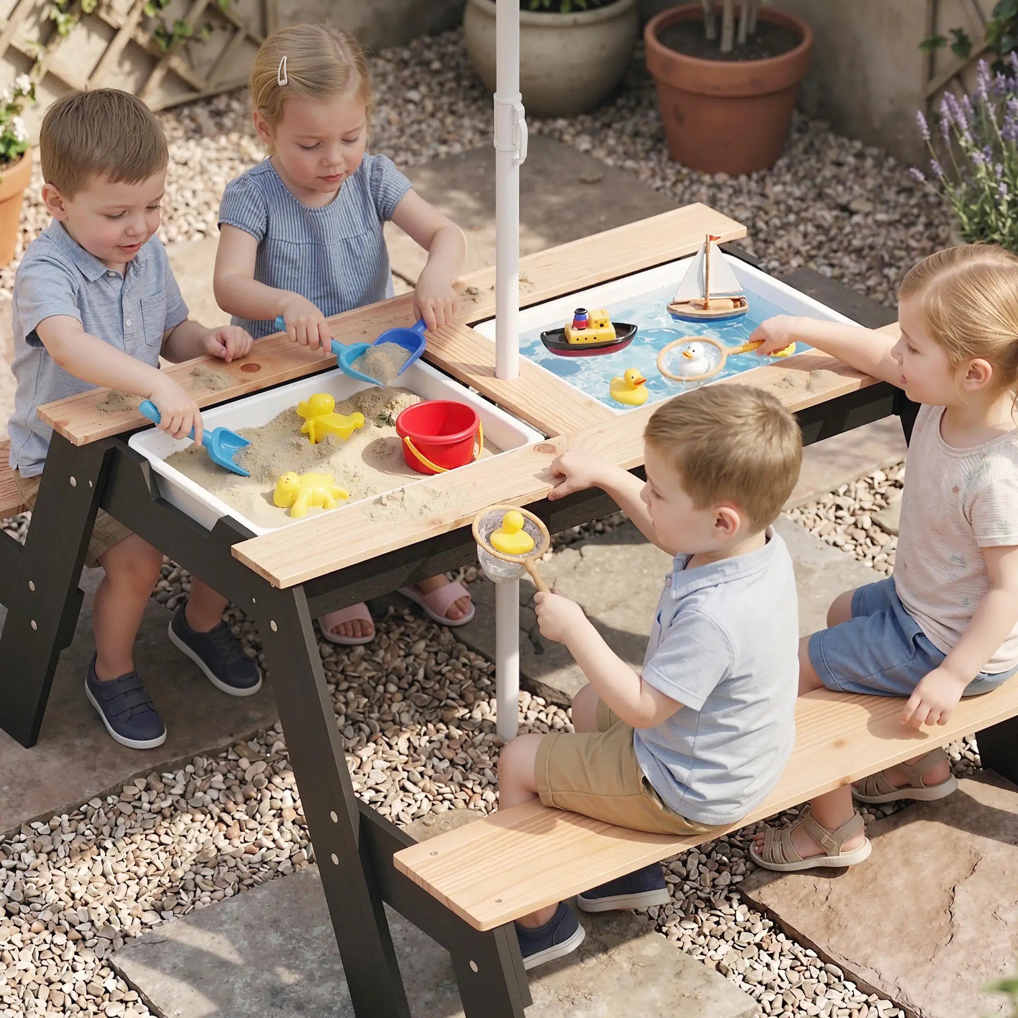 Kids Picnic Table with Umbrella, 3 in 1 Wooden Sand &; Water Table with 2 Hidden Play Boxes for Patio, Ages 3-6 Kids Outdoor Furniture at Gallery Canada