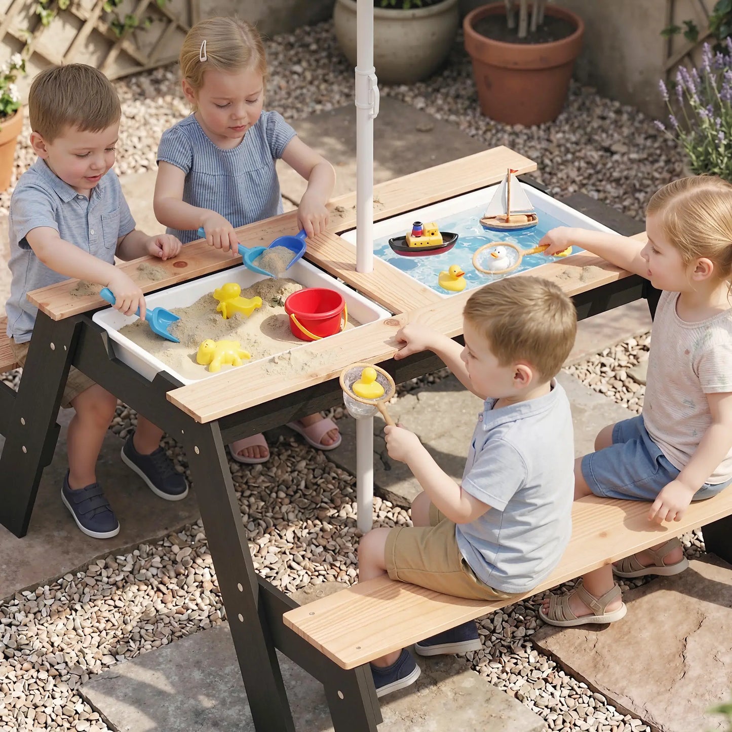Kids Picnic Table with Umbrella, 3 in 1 Wooden Sand &; Water Table with 2 Hidden Play Boxes for Patio, Ages 3-6 Kids Outdoor Furniture at Gallery Canada