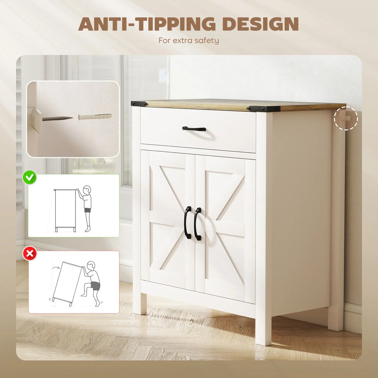 Farmhouse Buffet Cabinet, 1 Drawer, Storage Cabinet, Adjustable Shelf, White