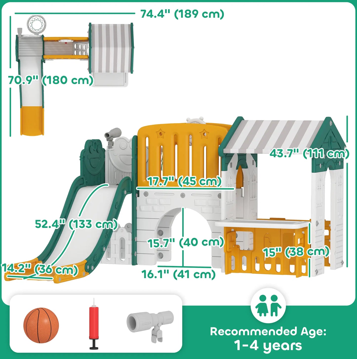 7-in-1 Toddler Slide Climber, Playhouse Basketball Hoop, Yellow Gym Sets & Swings at Gallery Canada