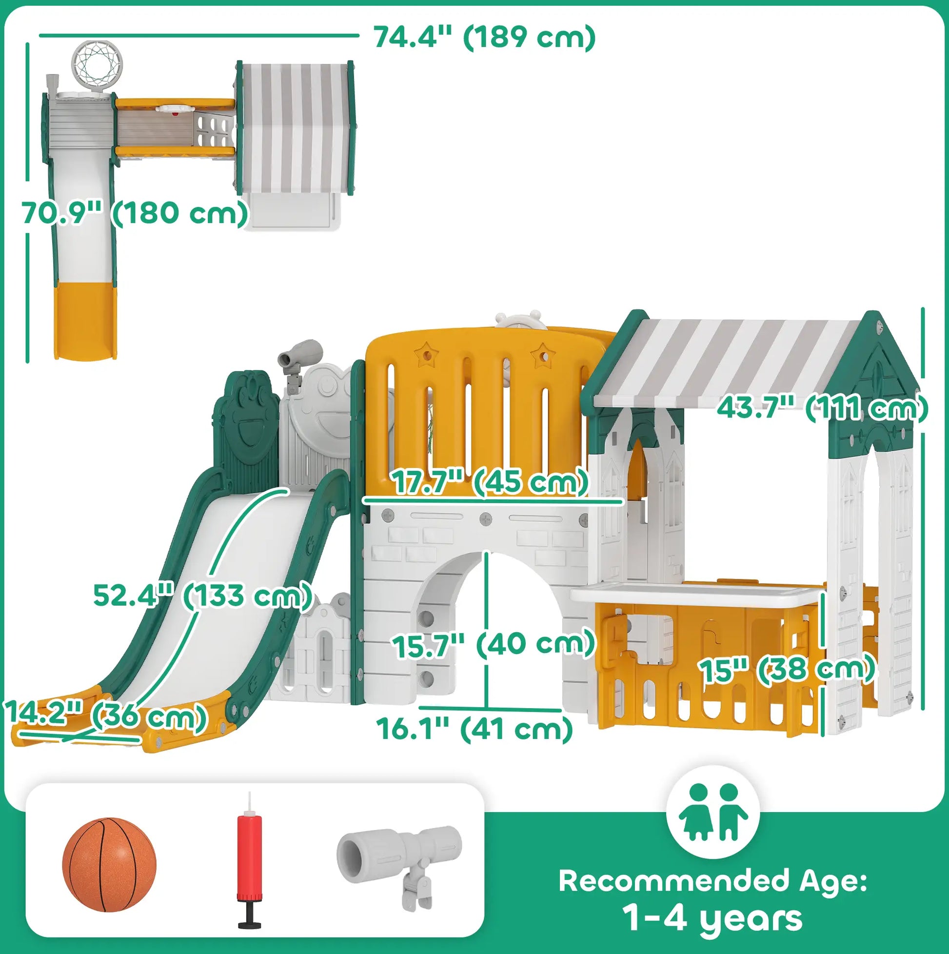 7-in-1 Toddler Slide Climber, Playhouse Basketball Hoop, Yellow Gym Sets & Swings at Gallery Canada