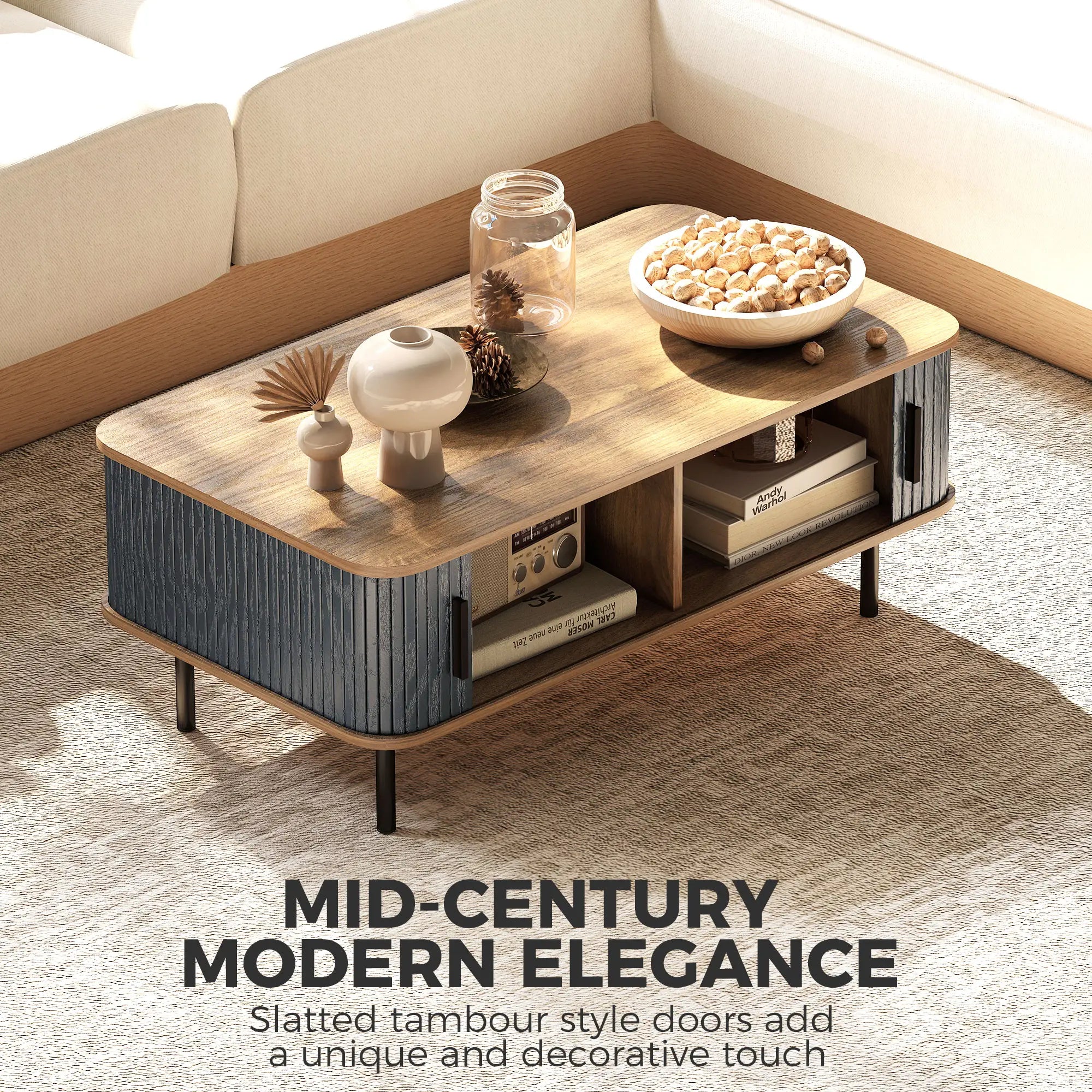 Nordic Side Table with Fluted Tambour Sliding Doors and Steel Legs, Coffee Table with Storage for Living Room, Black Coffee Tables at Gallery Canada
