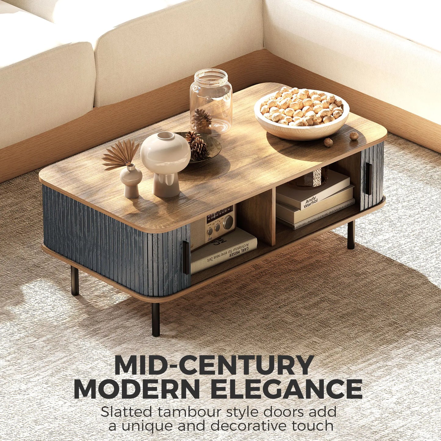Nordic Side Table with Fluted Tambour Sliding Doors and Steel Legs, Coffee Table with Storage for Living Room, Black Coffee Tables at Gallery Canada