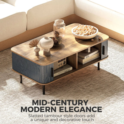 Nordic Side Table with Fluted Tambour Sliding Doors and Steel Legs, Coffee Table with Storage for Living Room, Black Coffee Tables at Gallery Canada