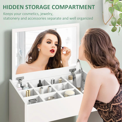 Ensemble de coiffeuse moderne, table de maquillage avec tabouret rembourré, miroir rabattable, blanc