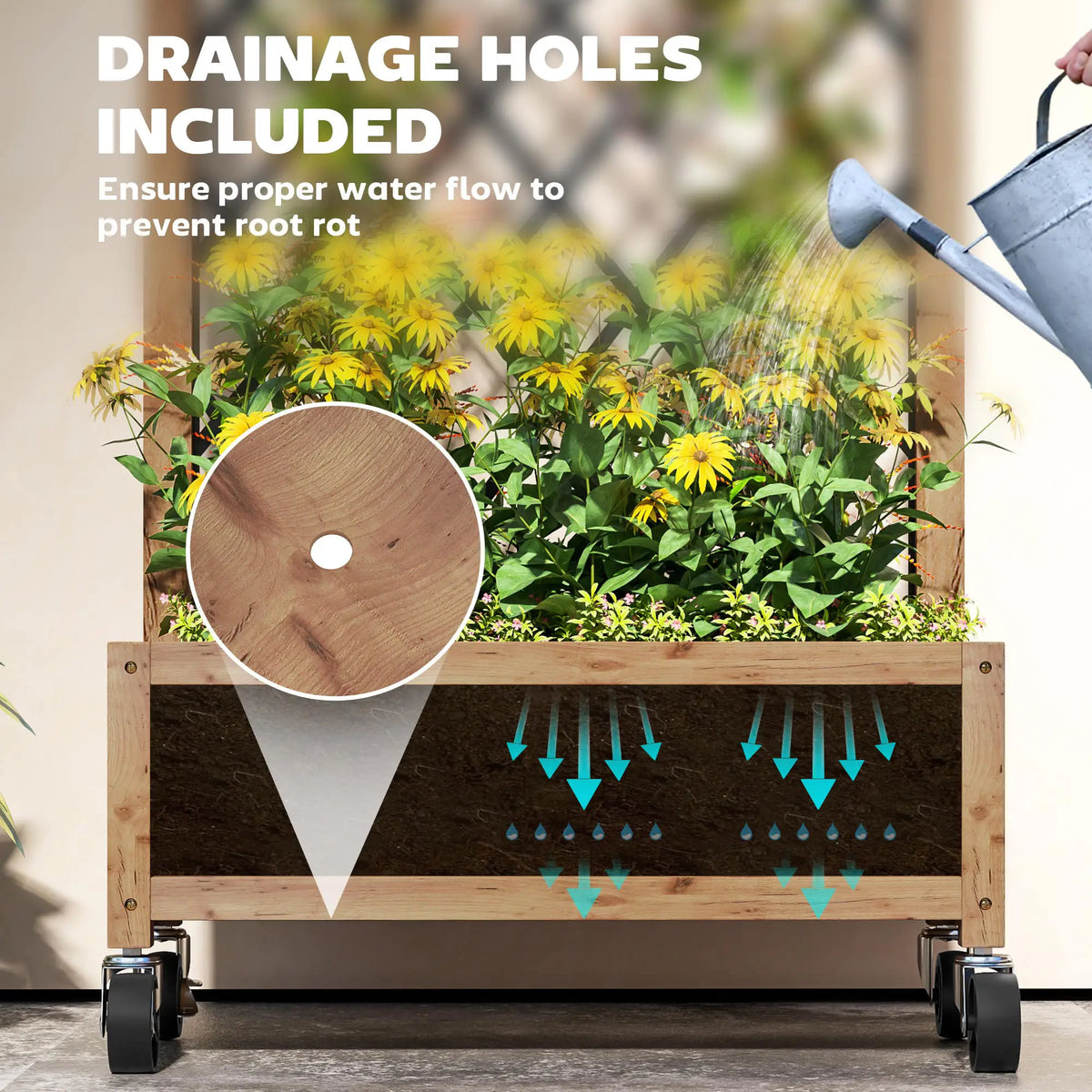 Raised Garden Bed With Metal Trellis, Elevated Planter Box With Wheels, 20.5" x 9.8" x 38.2", Brown Wooden Planter Boxes at Gallery Canada