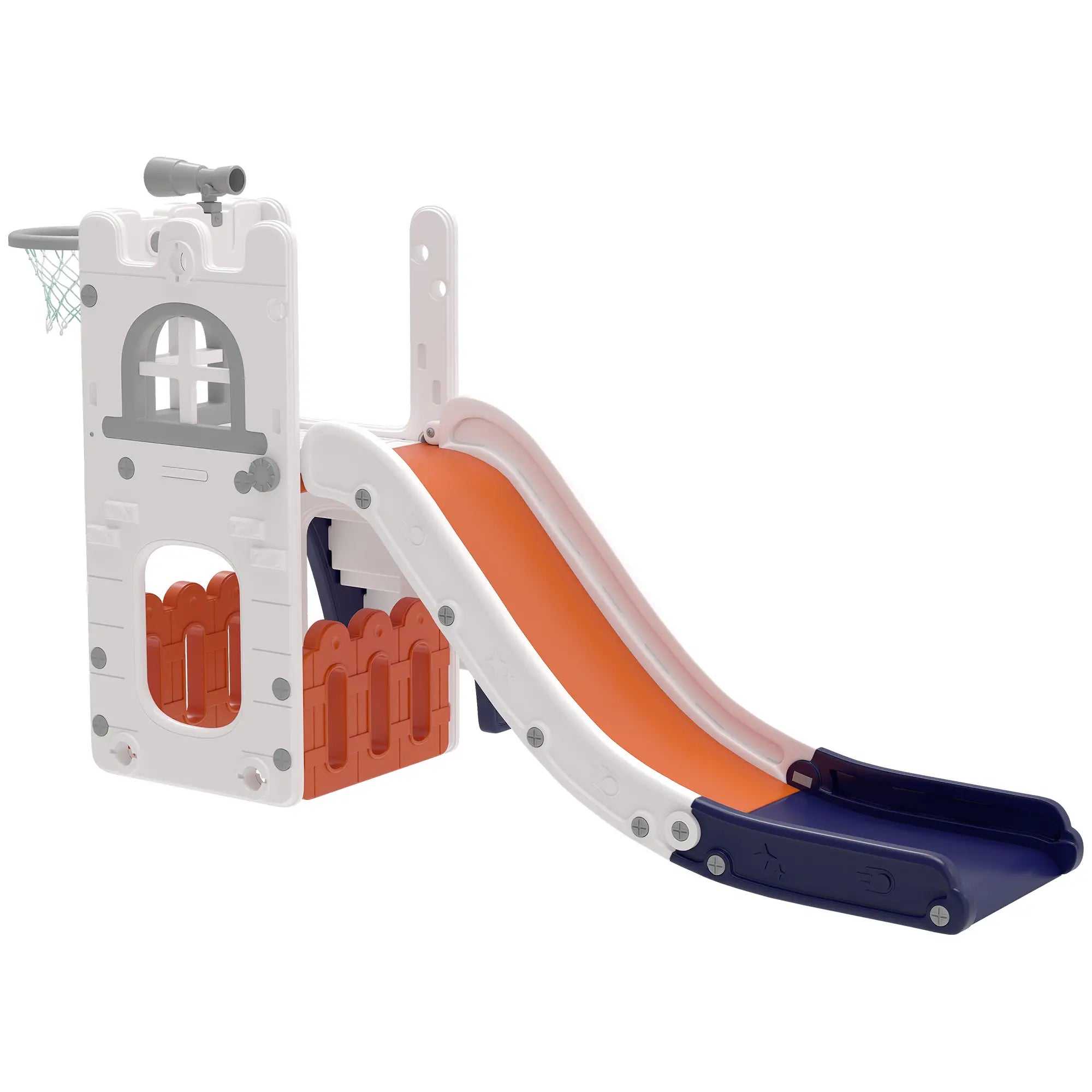Toddler Slide With Basketball Hoop, Climber, Telescope, Storage Basket, For 1-3 Years, Orange Gym Sets & Swings Orange, White at Gallery Canada