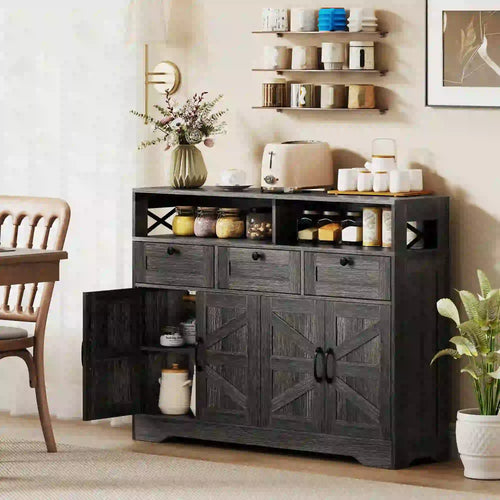 Sideboard Buffet Cabinet, 4 Barn Doors 3 Drawers, Coffee Bar, Adjustable Shelves, Dark Brown