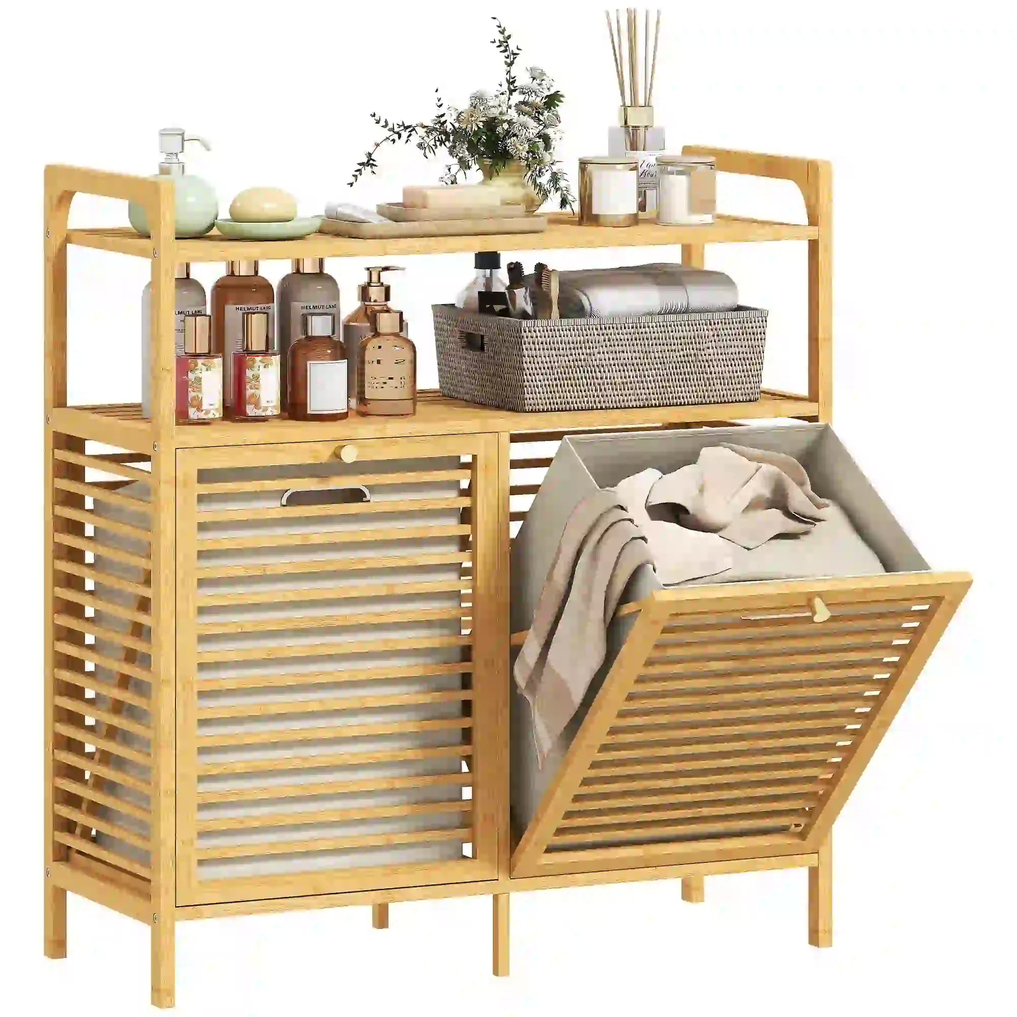 Tilt Out Laundry Hamper, Bamboo Cabinet with 2 Baskets, 2 Shelves, Natural Bathroom Cabinets at Gallery Canada
