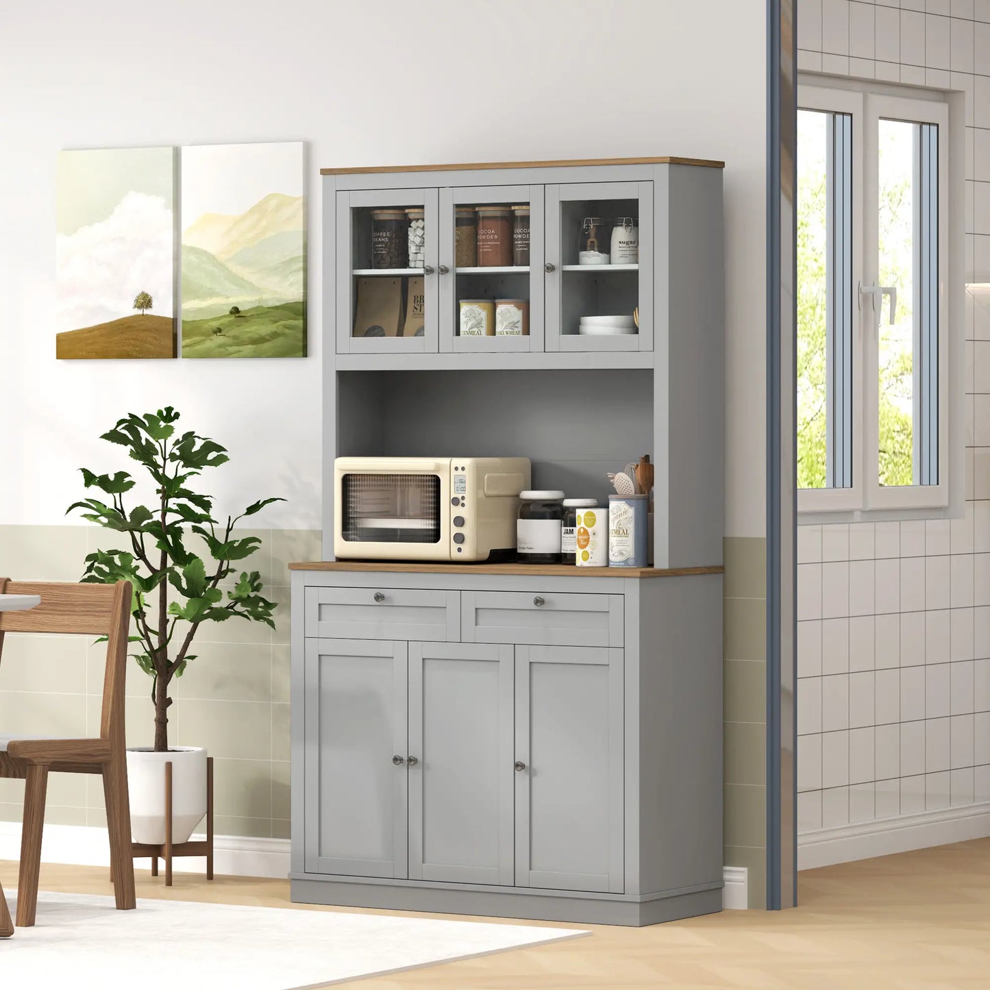 71" Pantry Cabinet with Microwave Space, 2 Drawers, Adjustable Shelves, Grey Kitchen Pantry Cabinets at Gallery Canada