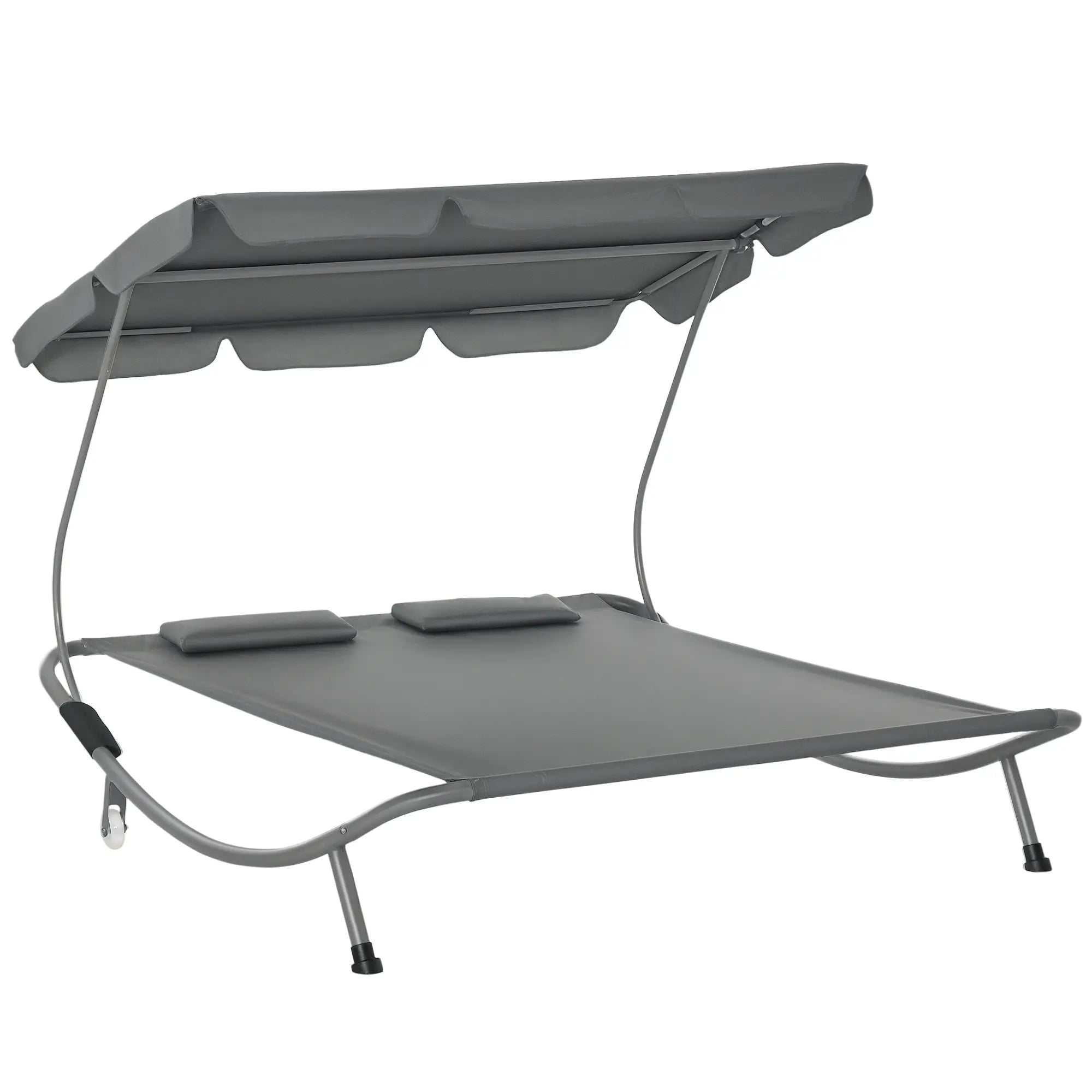 Double Patio Lounger, Adjustable Canopy, Headrest Pillows, 2 Wheels, Grey Lounger Chairs Grey at Gallery Canada