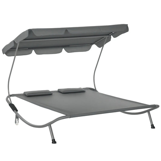 Double Patio Lounger, Adjustable Canopy, Headrest Pillows, 2 Wheels, Grey Lounger Chairs Grey at Gallery Canada
