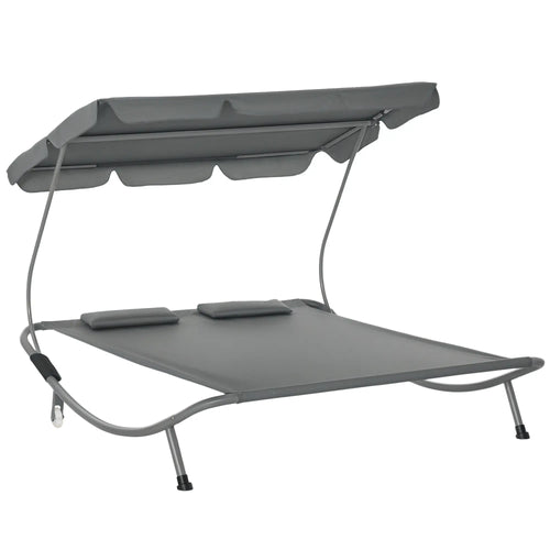 Double Patio Lounger, Adjustable Canopy, Headrest Pillows, 2 Wheels, Grey