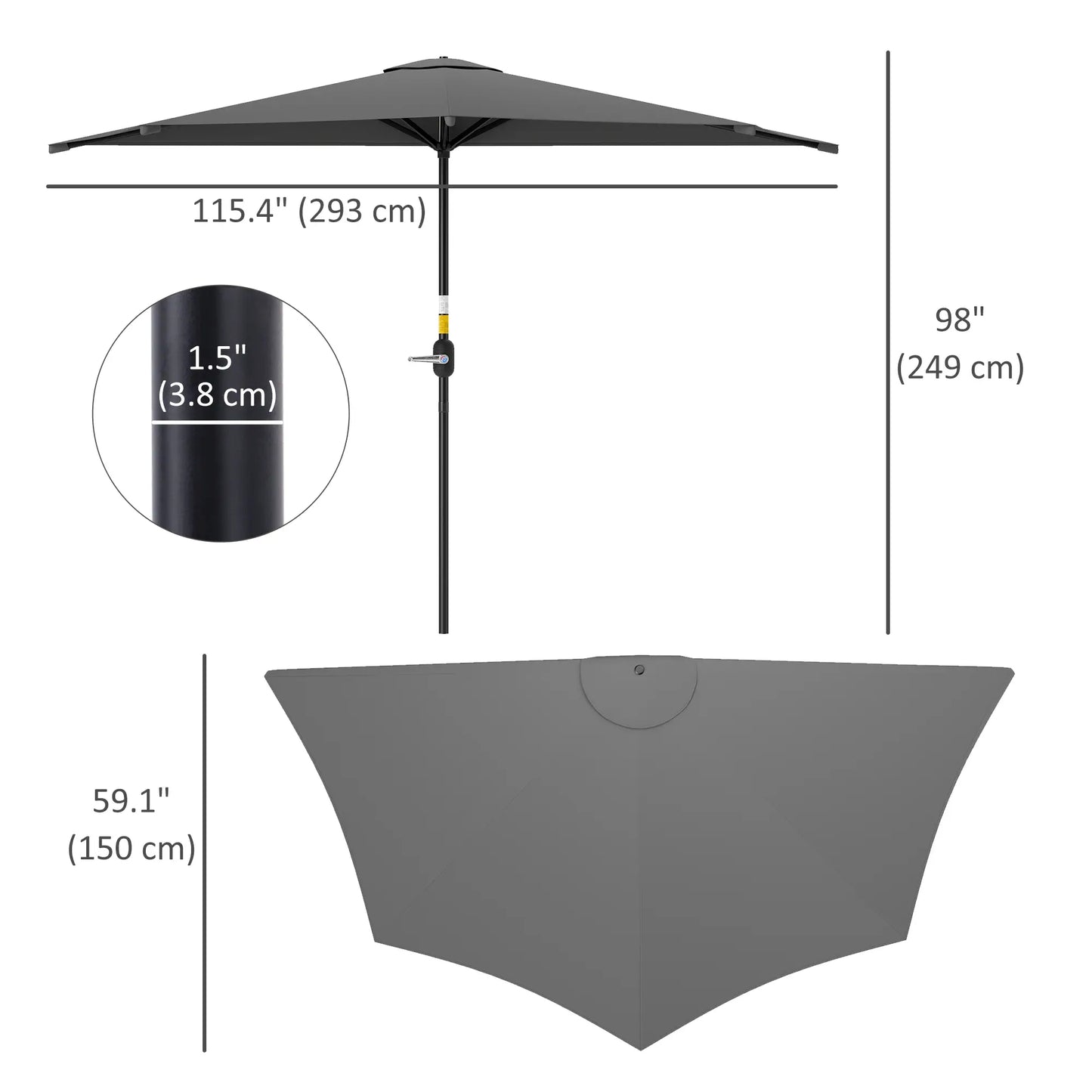 9.8ft Semi Round Patio Umbrella, Crank Handle, Top Vent, Dark Grey Half Round Umbrellas at Gallery Canada