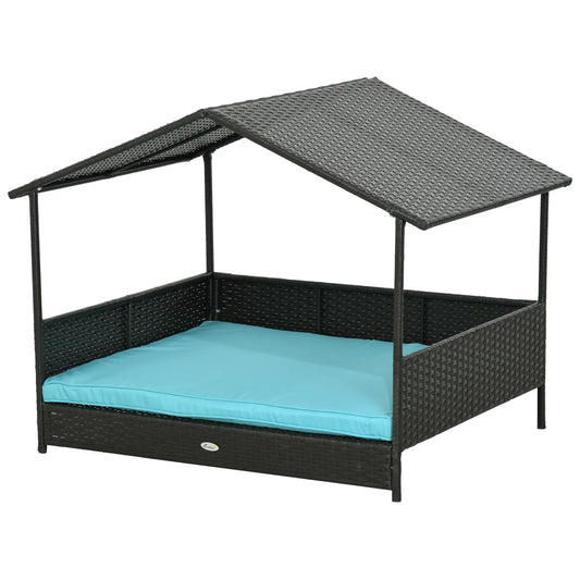 Outdoor Wicker Dog House, Soft Cushion Washable Cover, Medium Large, Blue Houses, Kennels & Pens Blue, Dark Brown at Gallery Canada