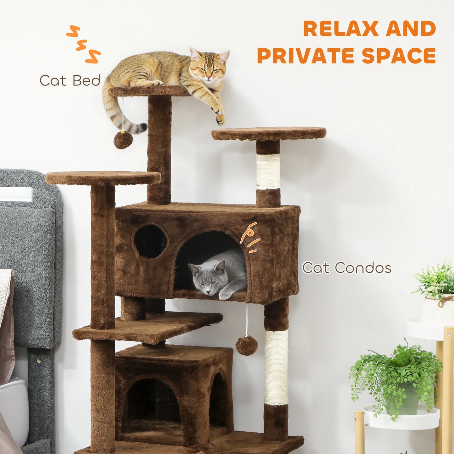 54" Cat Tree, Multi-Level Tower With Scratching Posts, Light Brown