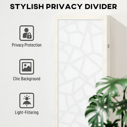 4 Panel Room Divider, 5.6 FT Geometric Pattern Privacy Screen, White