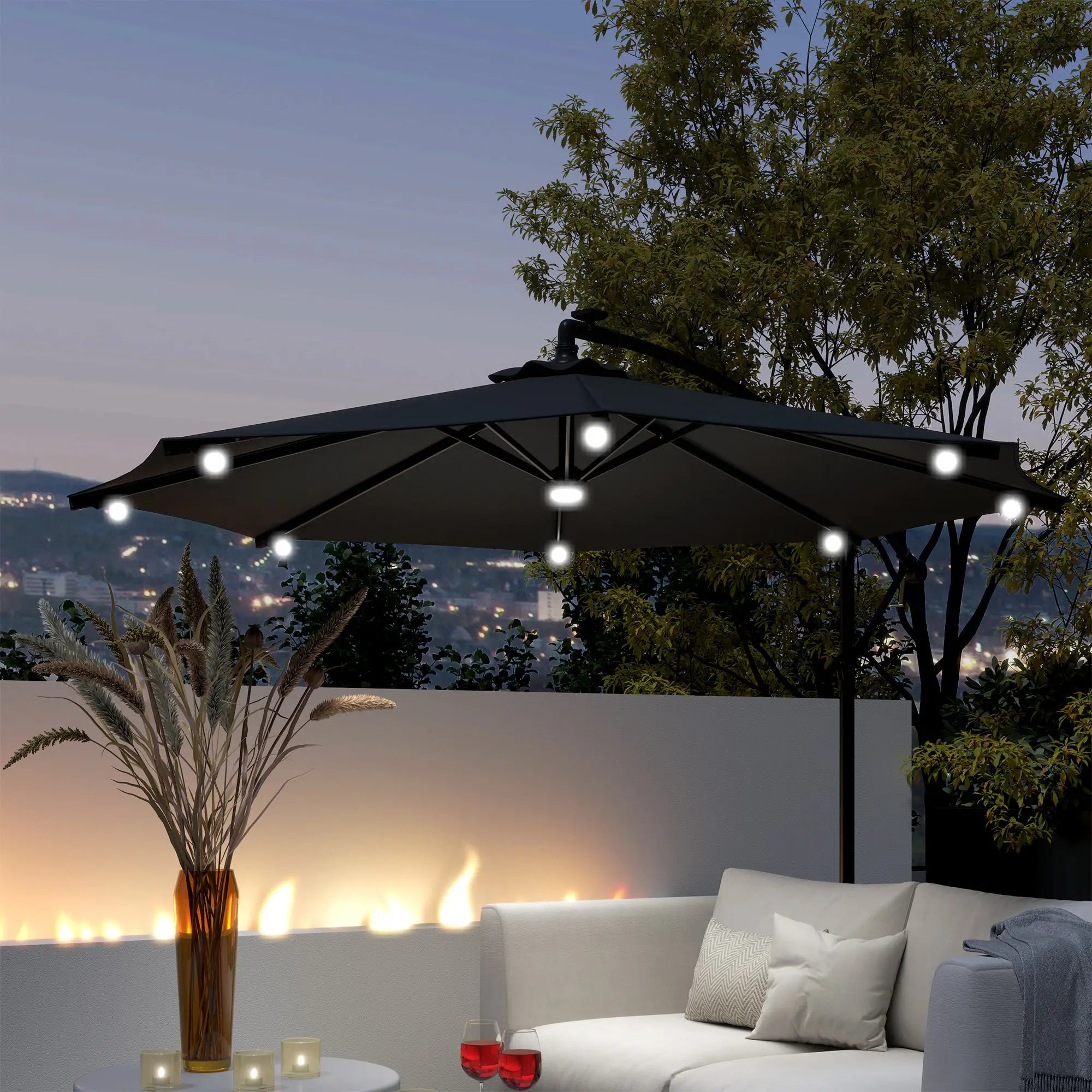 8.8FT Cantilever Patio Umbrella, Solar LED Lights, Crank Handle, Grey Offset Cantilever Umbrellas at Gallery Canada