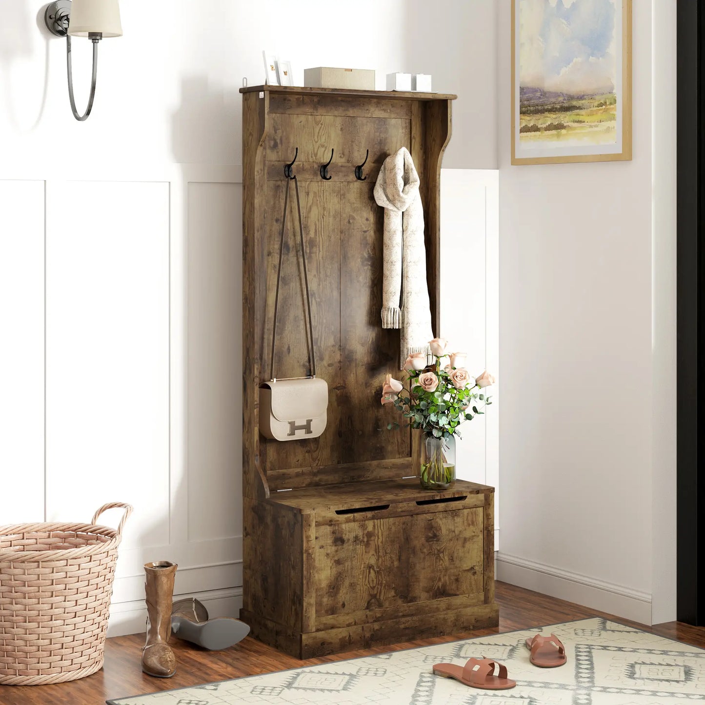 Hall Tree With Coat Rack, Shelf, Shoe Storage, Bench Seat, 4 Hooks, Rustic Brown Clothing Storage at Gallery Canada