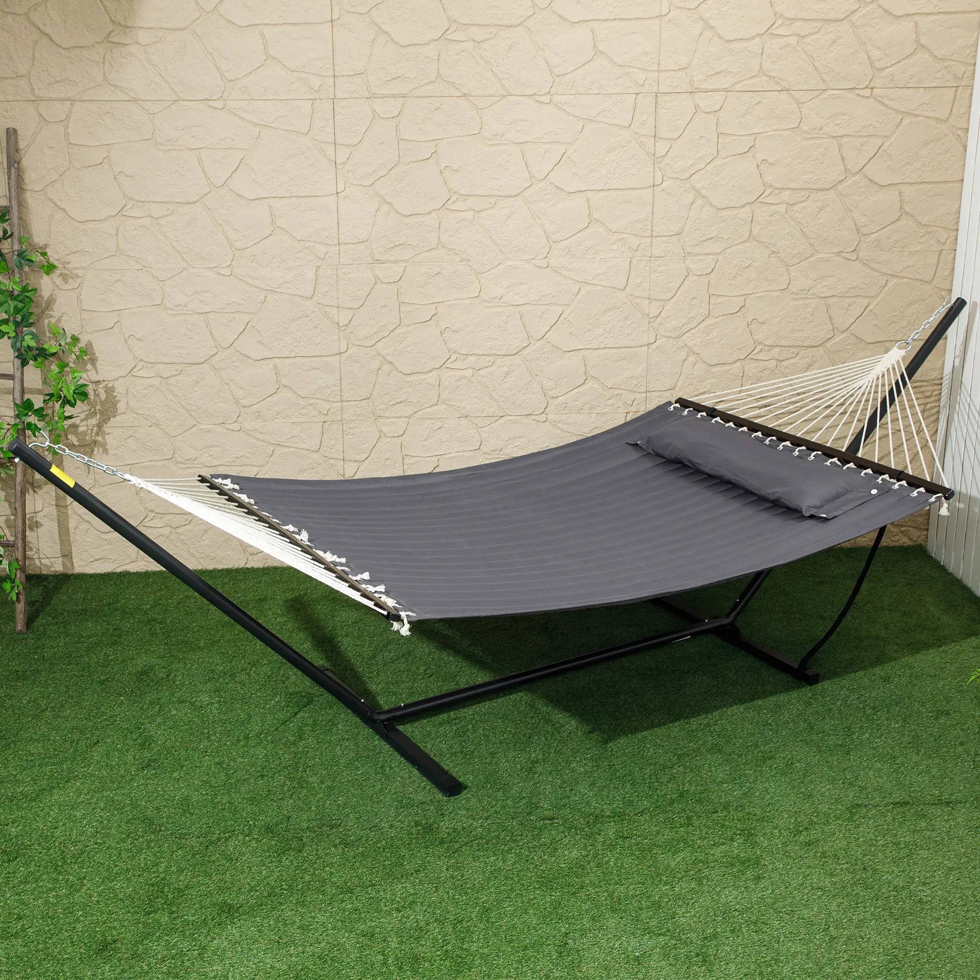 2 Person Quilted Hammock with Stand, Pillow, Spreader Bars, Dark Grey Camping Hammocks at Gallery Canada
