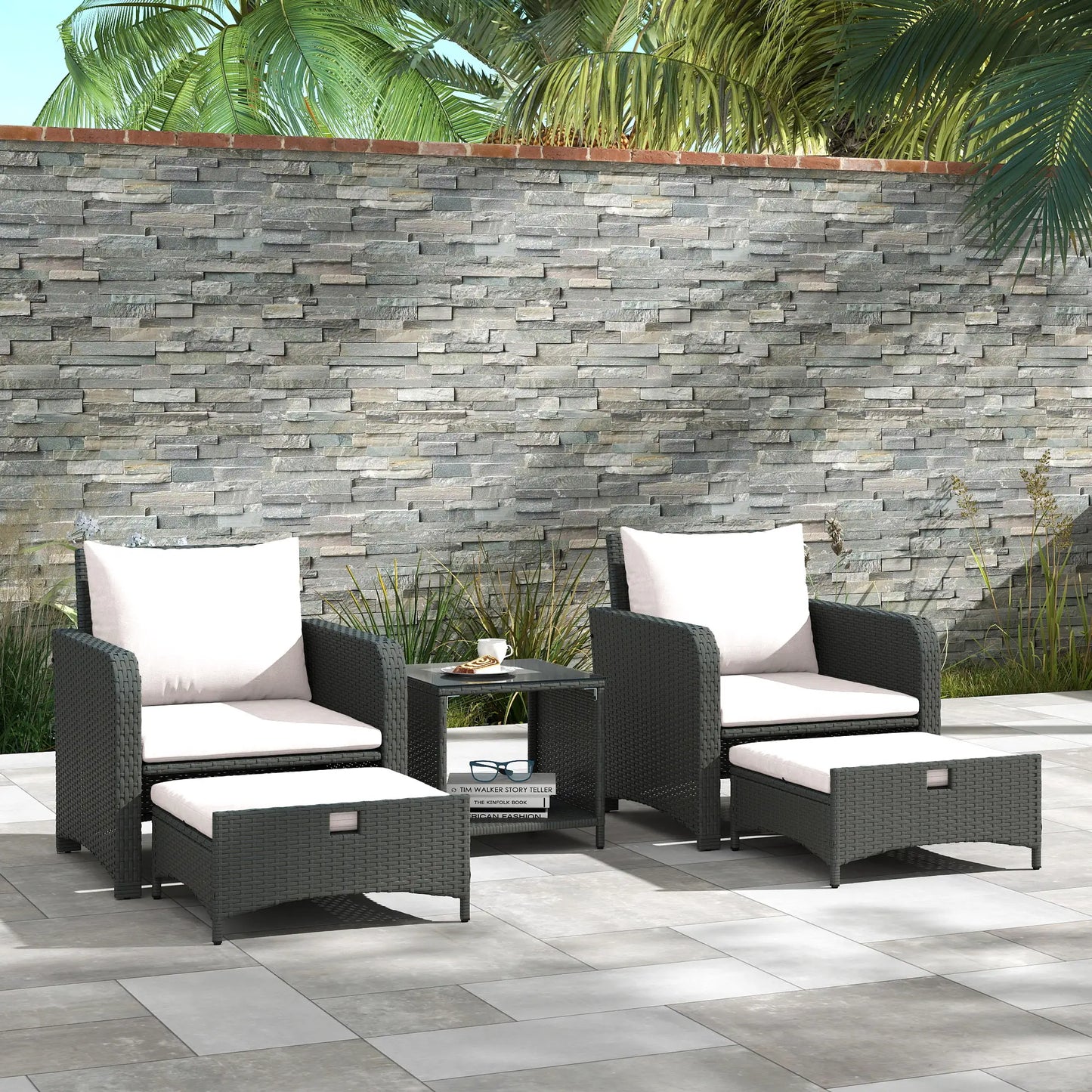 5 Piece Rattan Balcony Set, Wicker Outdoor Furniture, 2-Tier Coffee Table, Ottomans, Cream White, Grey Patio Furniture Sets at Gallery Canada