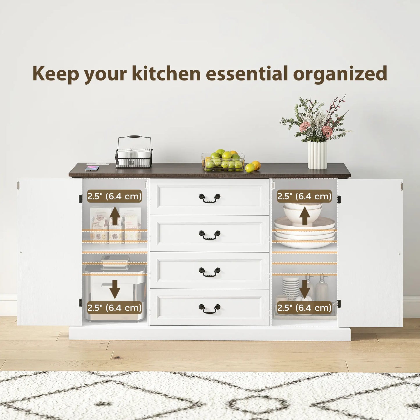 Farmhouse Sideboard with Charging Station, 58" Buffet Cabinet, White Storage Cabinets at Gallery Canada