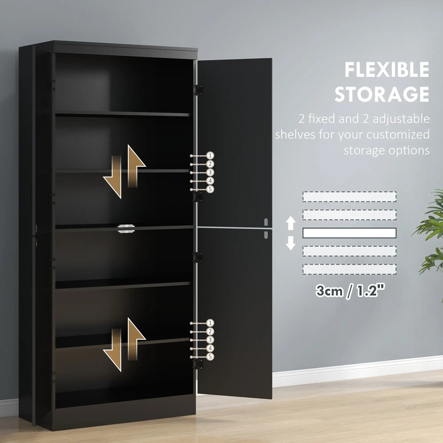4-Door Storage Cabinet, Adjustable Shelves, 70", Black Kitchen Pantry Cabinets at Gallery Canada