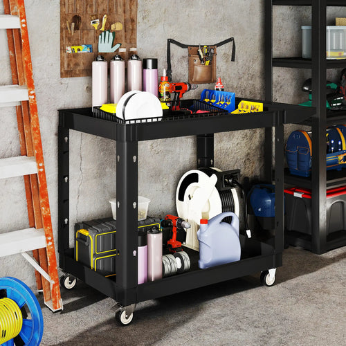 2-Tier Rolling Tool Cart, 500 LBS Capacity Plastic Utility Cart, Black