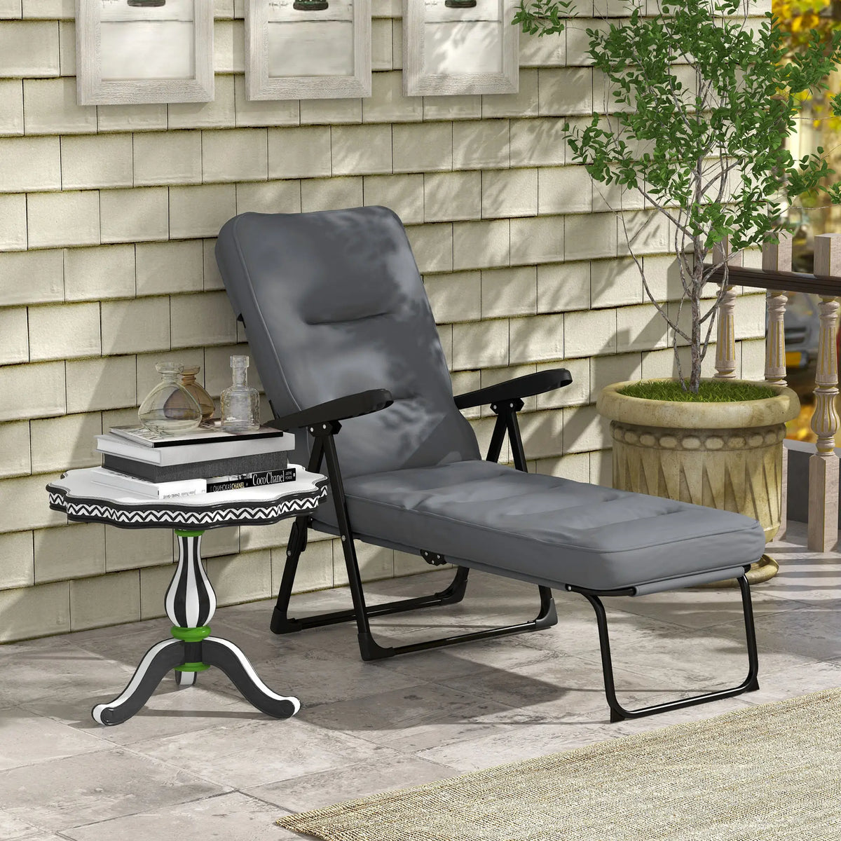 Outdoor Lounge Chair with Padded Cushion, Folding Reclining, Light Grey