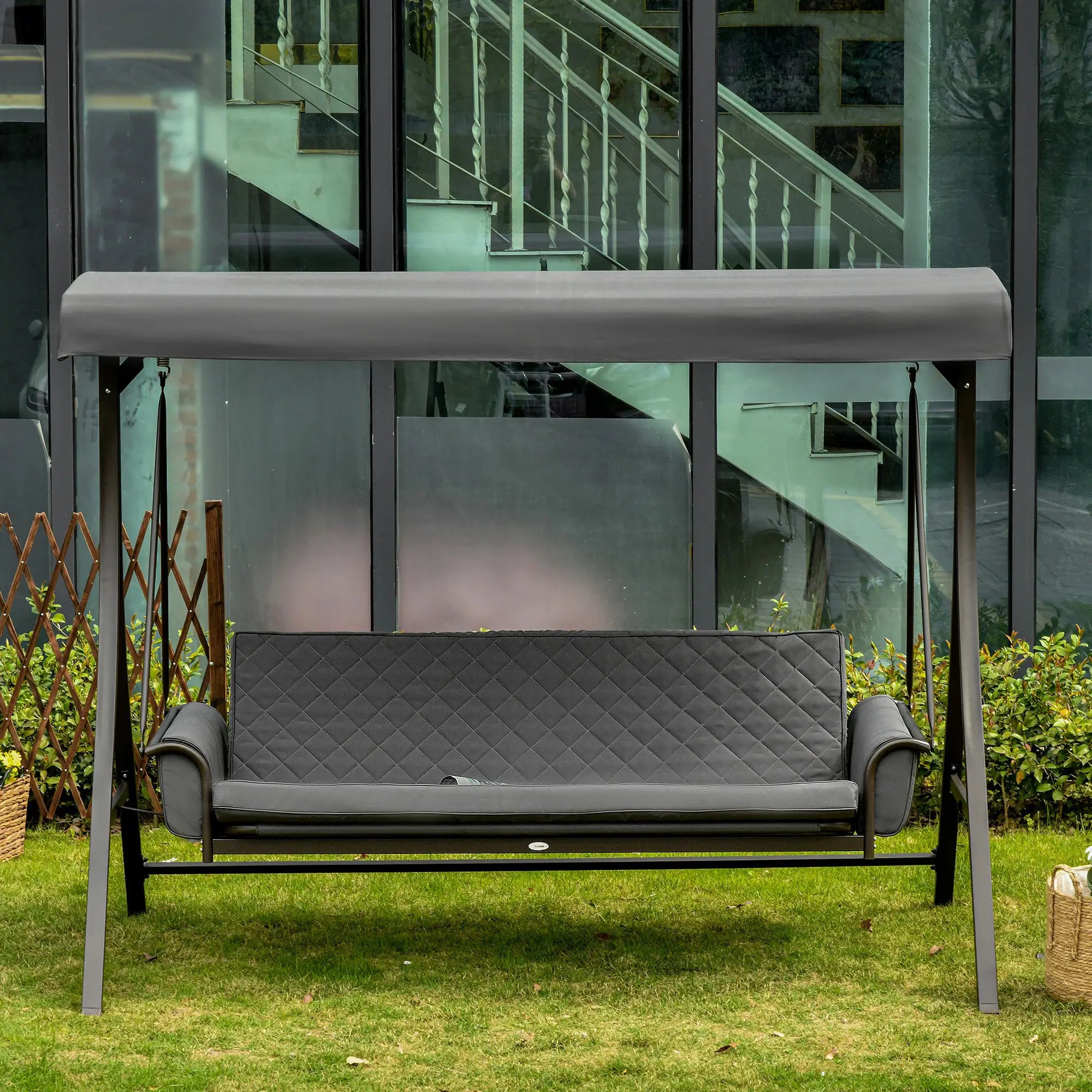 3 Person Porch Swing Bench, Adjustable Canopy, Cushions, Pillows, Dark Grey Porch Swings with Canopy at Gallery Canada