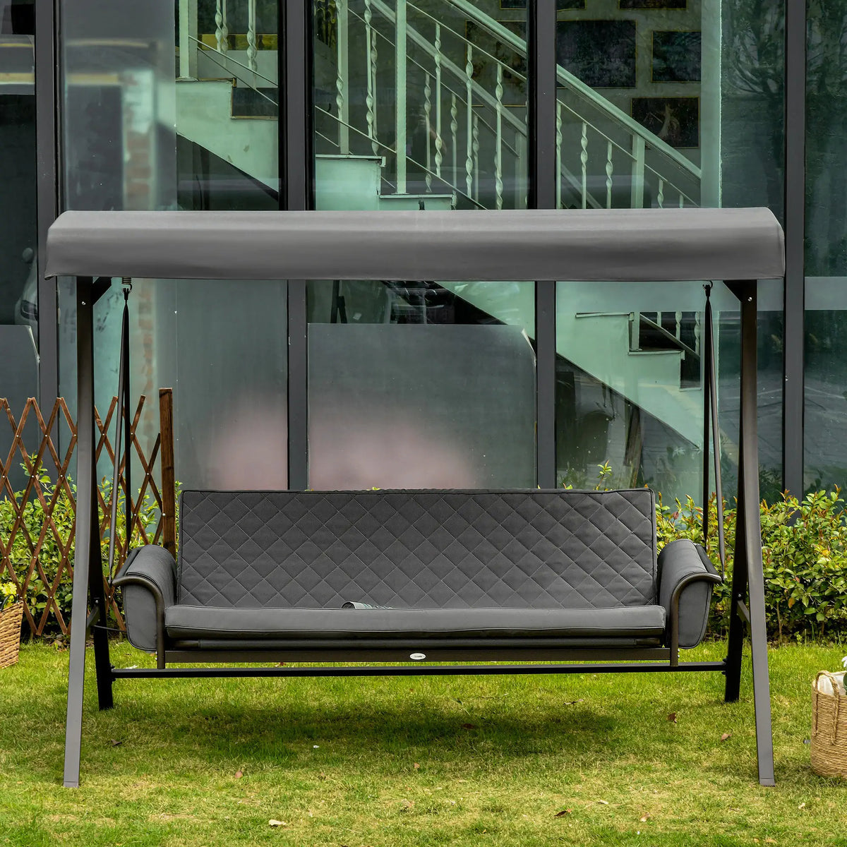 3 Person Porch Swing Bench, Adjustable Canopy, Cushions, Pillows, Dark Grey Porch Swings with Canopy at Gallery Canada