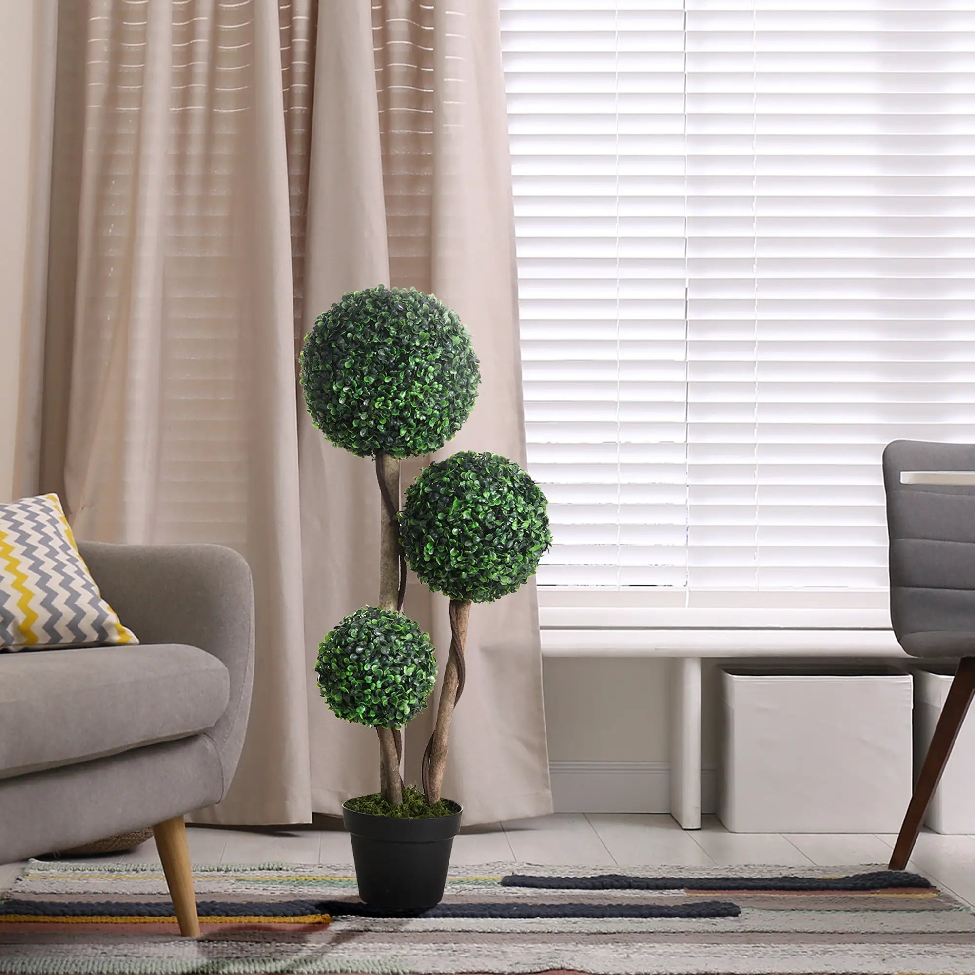 35 Inch Artificial Boxwood Topiary Tree, Triple Ball, Dark Green Artificial Trees at Gallery Canada