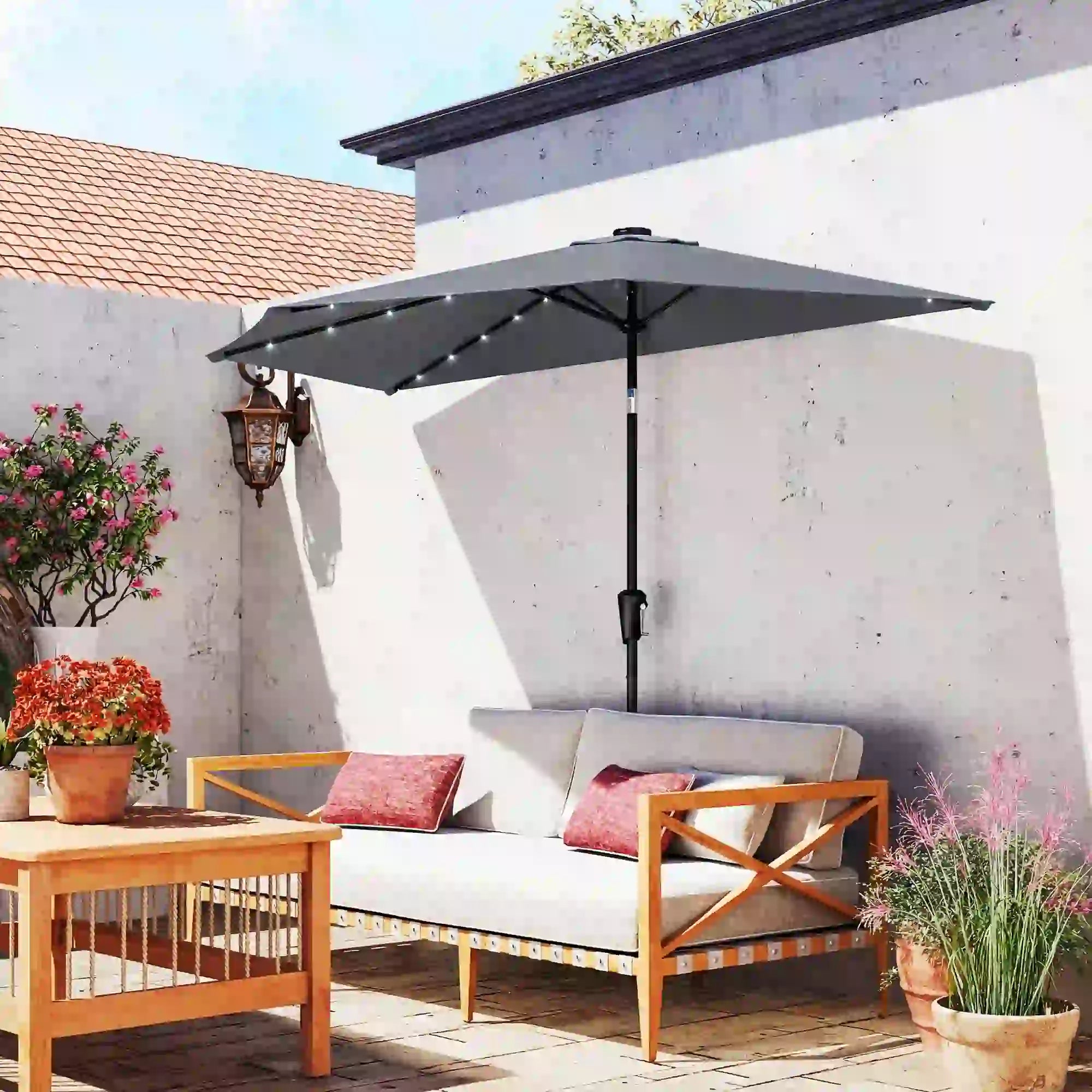 Half Patio Umbrella With Solar LED Lights, 9ft, Dark Grey Half Round Umbrellas at Gallery Canada