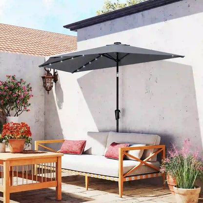 Half Patio Umbrella With Solar LED Lights, 9ft, Dark Grey Half Round Umbrellas at Gallery Canada