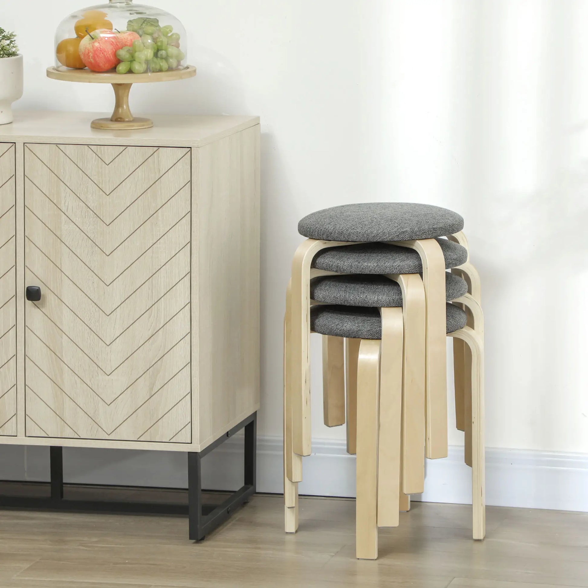 Stackable Wood Stools Set of 4, Padded Seat, Grey Dining Chairs at Gallery Canada